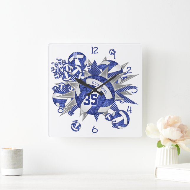 girls blue white volleyballs stars custom name square wall clock (Home)