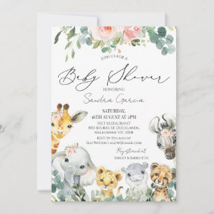 Girls Blush Floral Foliage Safari Baby Shower Invitation
