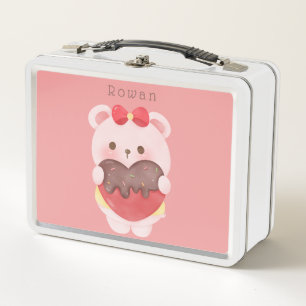 Girls Blush Pink Cute Teddy Bear Metal Lunch Box