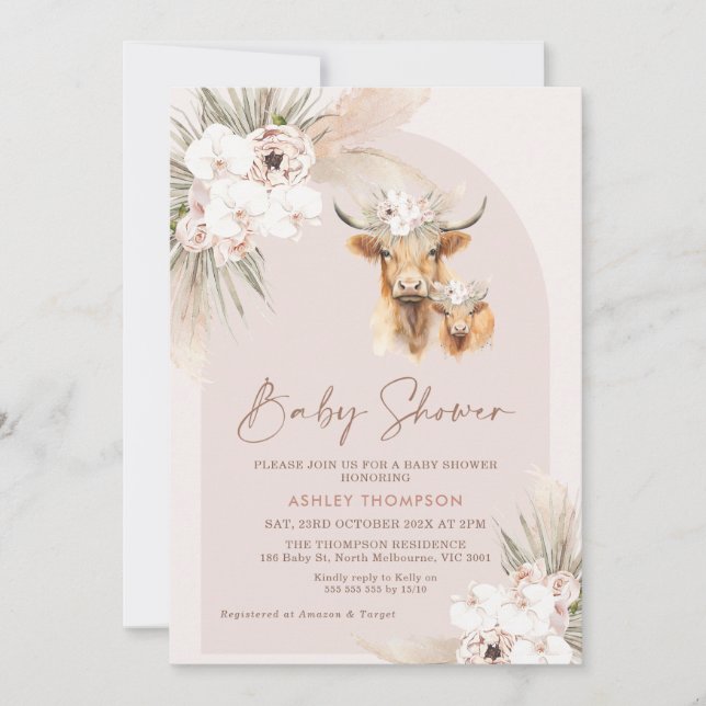Girls Boho Floral Arch Highland Cow Baby Shower Invitation (Front)