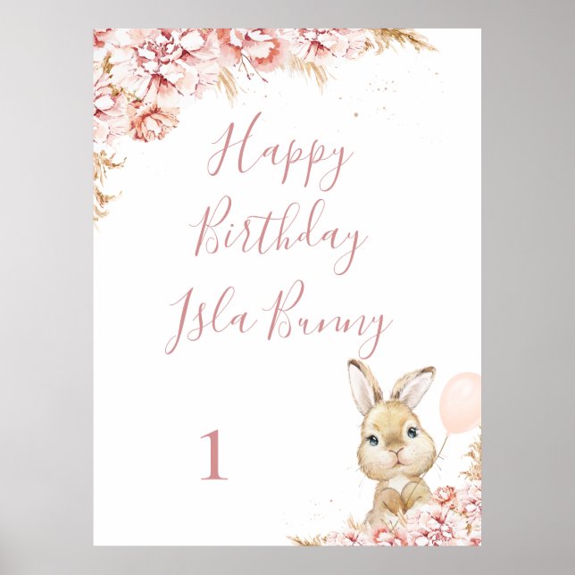 Girl's Boho Floral Bunny 1st Birthday Sign (Front)