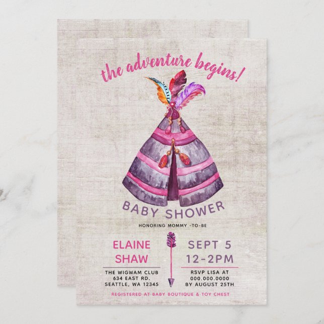 Girls Boho TeePee Baby Shower Invitations (Front/Back)