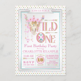 Girls Boho Wild One First Birthday Invitations
