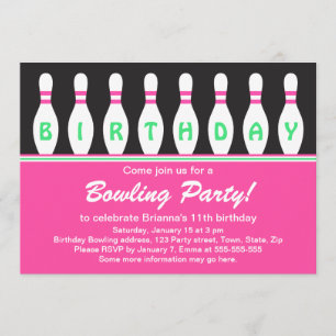 Girls bowling birthday party invitation with pins