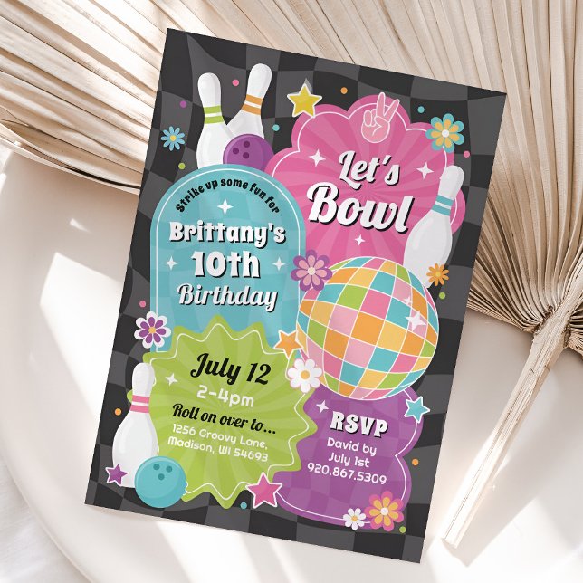 Girls Bowling Birthday Party Pink Retro Invitation (Creator Uploaded)