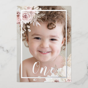Girls / Boy Blush White Floral 1st Birthday Silver