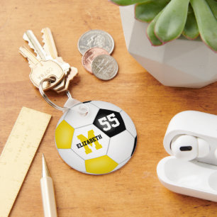 girls boys black gold team colours soccer ball key ring