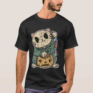 Girls Boys Halloween Cute Scary Cat with knife Pum T-Shirt