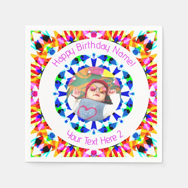 Girls Boys Happy Birthday Star Custom Age Photo Napkin (Front)