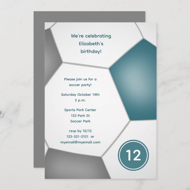girls boys sports teal grey soccer birthday party invitation (Front/Back)