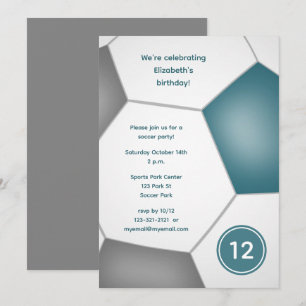 girls boys sports teal grey soccer birthday party invitation