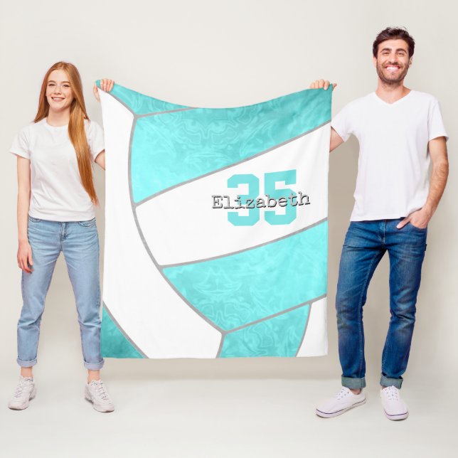 girls bright turquoise volleyball personalised  fleece blanket (In Situ)