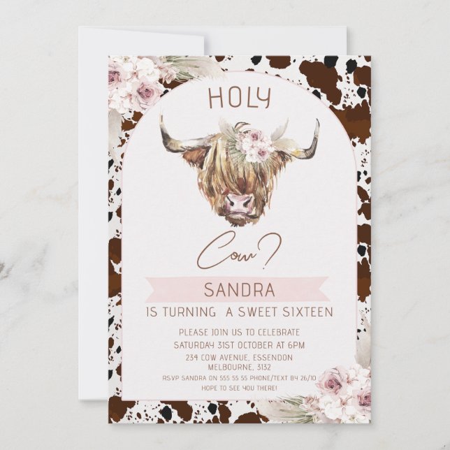 Girls Brown Highland Cow Cow Print 16th Birthday Invitation (Front)