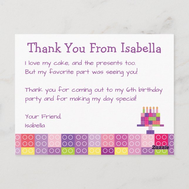 Girl's Building Bricks Blocks Birthday Thank You Postcard (Back)