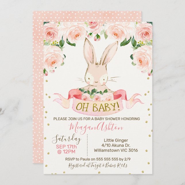 Girls Bunny Rabbit Baby Shower Invitation (Front/Back)