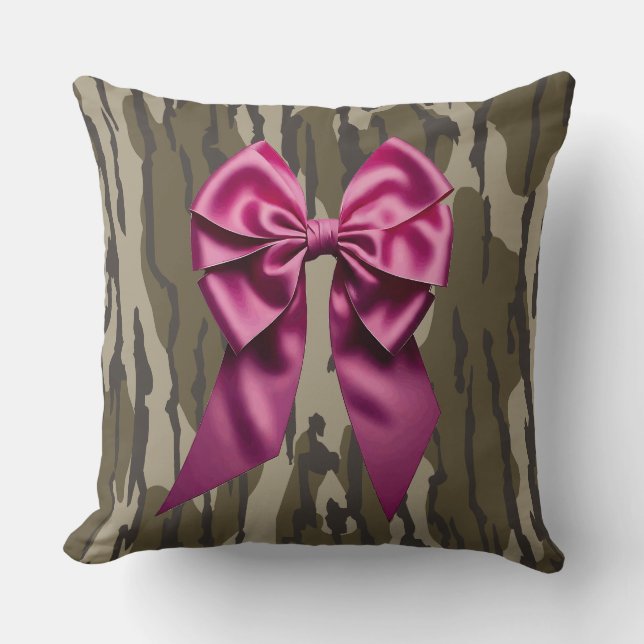 Girls Camo Pink Ribbon Bow Bottomland Camo Cushion (Front)