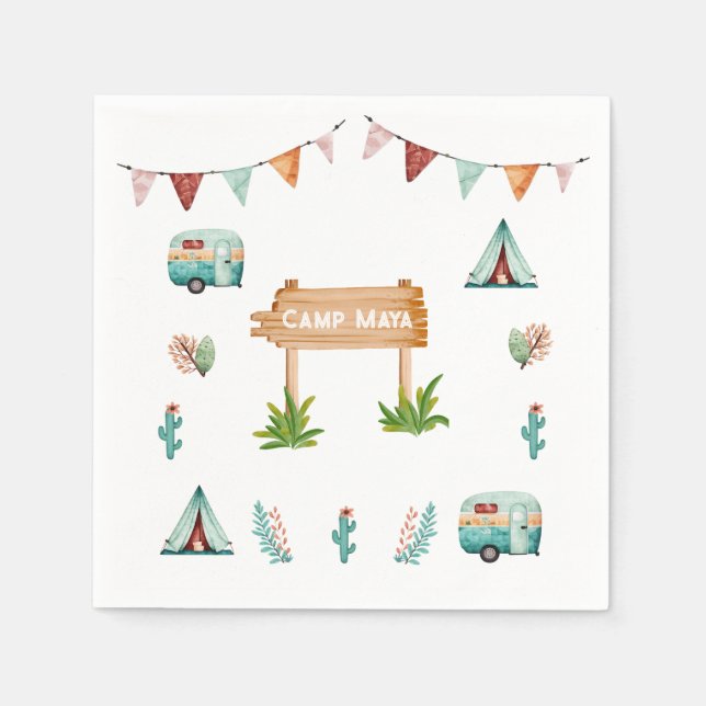 Girls camping adventure slumber birthday party  napkin (Front)