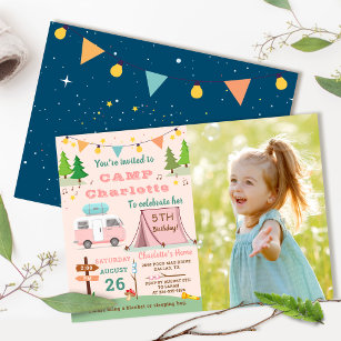 Girls Camping Birthday Camp Out Party Photo Invitation