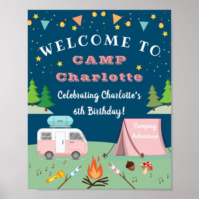 Girls Camping Birthday Camp Out Party Welcome Poster (Front)