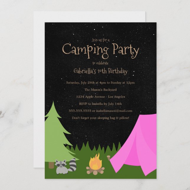 Girls Camping Party | Birthday Party Invitation (Front/Back)