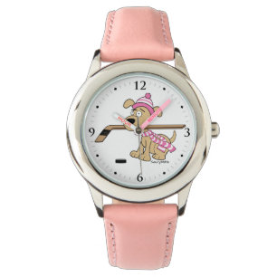Girls Cartoon Hockey Dog Pink Watch