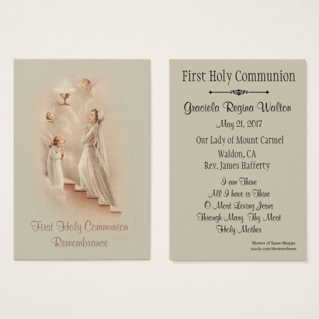 Girl's Catholic Holy Card for First Holy Communion (Front & Back)