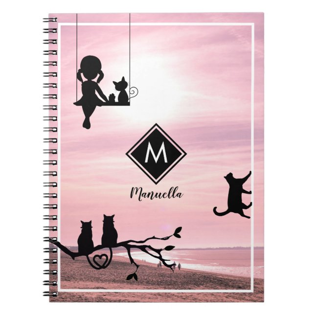 Girls Cats and Pink Monogram Notebook (Front)