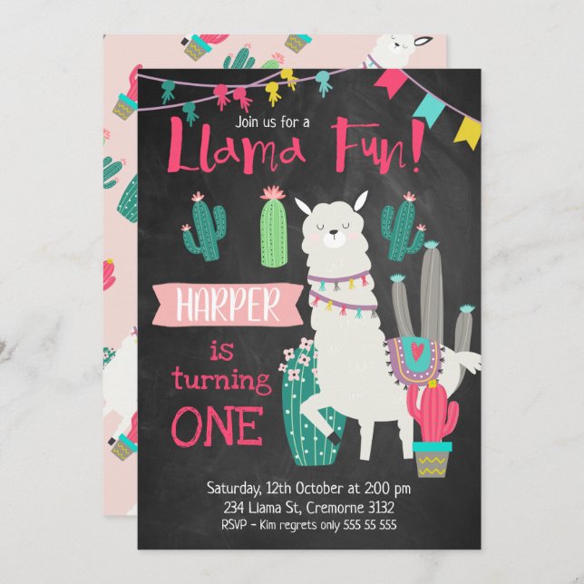 Girls Chalkboard Llama Fun Birthday Invitation (Front/Back)