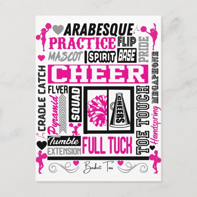 Girls Cheerleading Typography in Black and Pink  Holiday Postcard (Front)