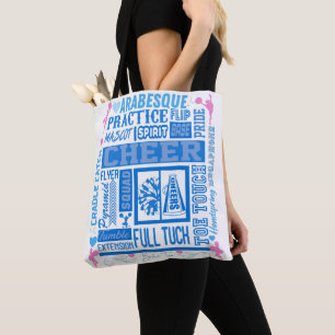 Girls Cheerleading Typography in Blue and Pink Tote Bag