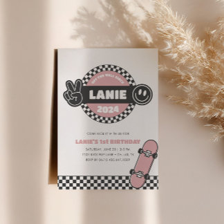 Girls' Chequered Skateboard Groovy Hippie Birthday Invitation