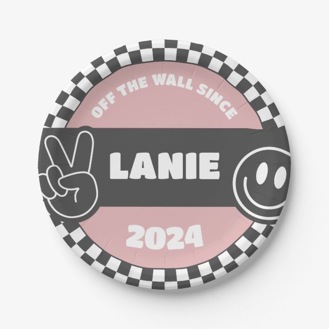 Girls' Chequered Skateboard Groovy Hippie Birthday Paper Plate (Front)