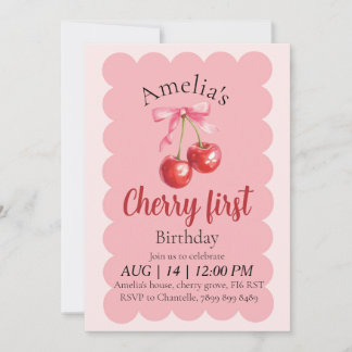 Girls Cherry First Birthday invitation 