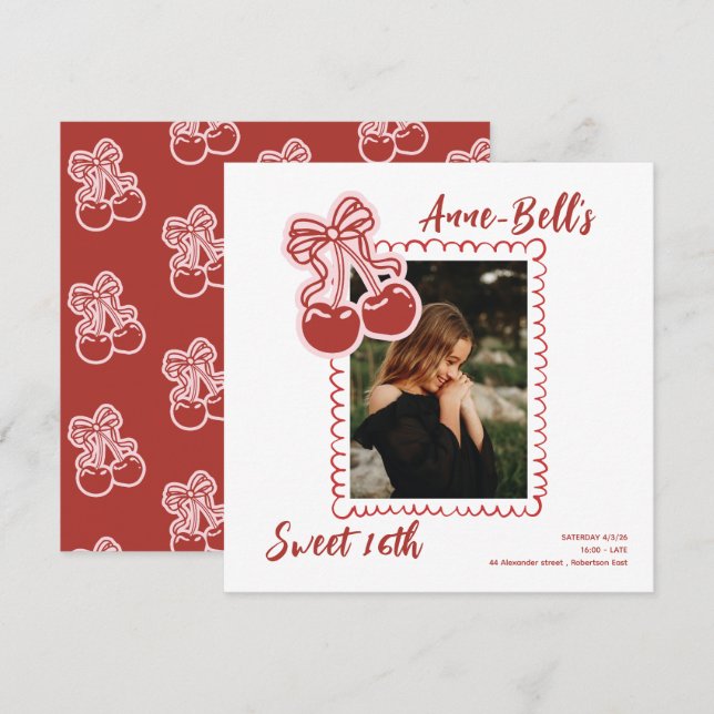 Girls Cherry Sweet 16th Birthday Invitation (Front/Back)