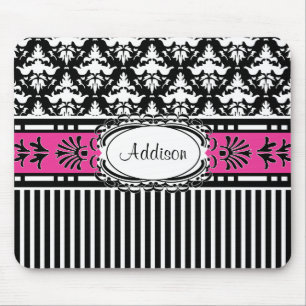 Girl's Chic Paris Damask Retro Pink and Black Mouse Pad