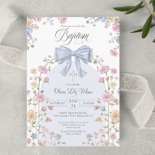 Girl's Christan Baptism Pastel Bow Wildflower Invitation