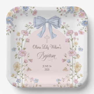Girl's Christan Baptism Pastel Bow Wildflower Paper Plate