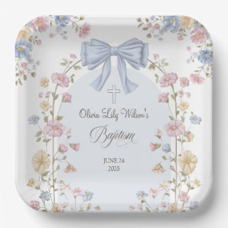 Girl's Christan Baptism Pastel Bow Wildflower Paper Plate