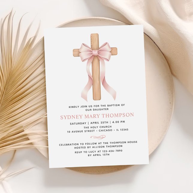 Girl's Christian Baptism Pink Bow Invitation (Creator Uploaded)