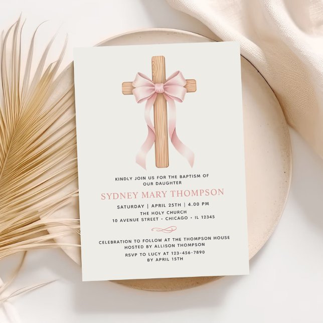 Girl's Christian Baptism Pink Bow Invitation (Creator Uploaded)