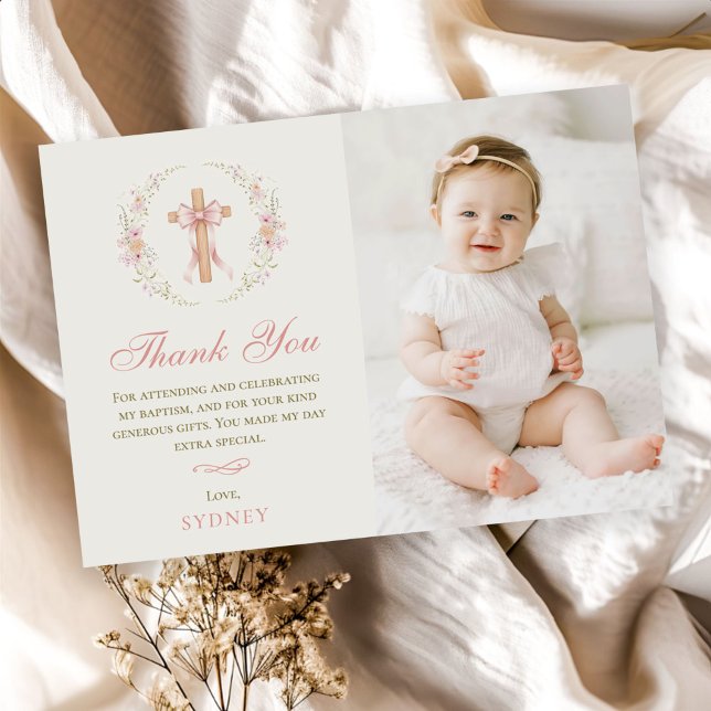 Girl's Christian Baptism Pink Floral Bow Photo Thank You Card (Creator Uploaded)