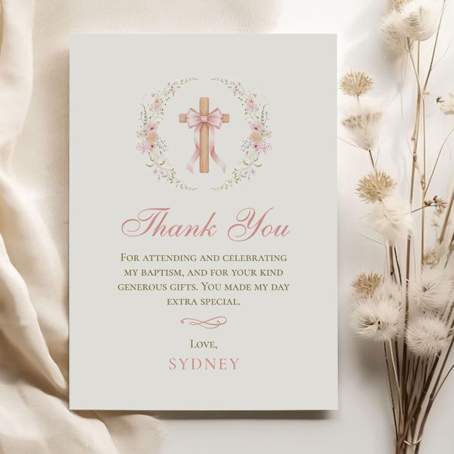 Girl's Christian Baptism Pink Floral Bow Thank You Card (Creator Uploaded)
