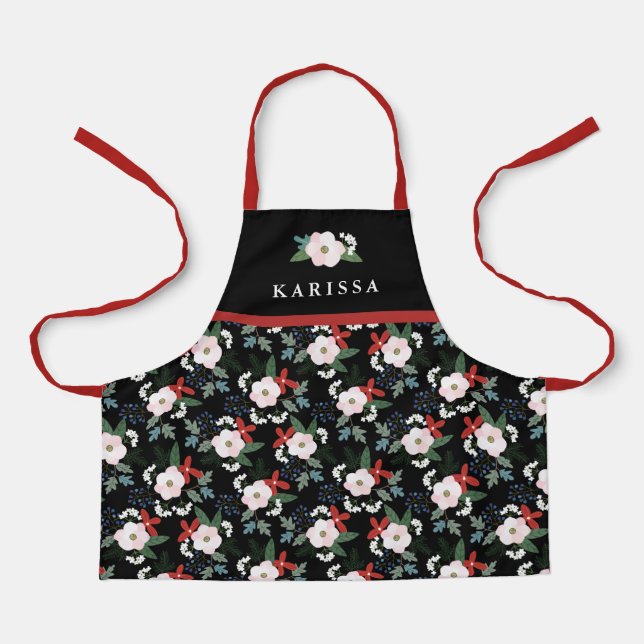 Girls Christmas Floral Pattern Name Apron (Front)
