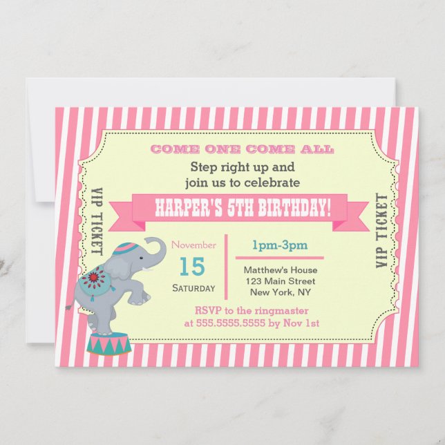 Girls Circus Carnival Ticket Birthday Invitations (Front)