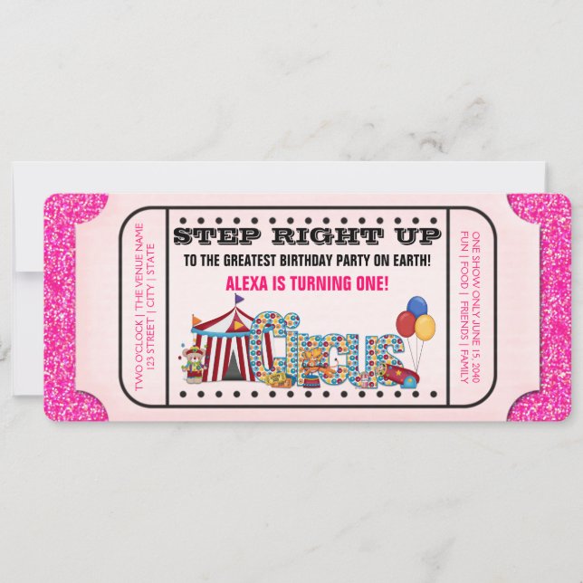 Girls Circus Ticket Birthday Party Invitation (Front)
