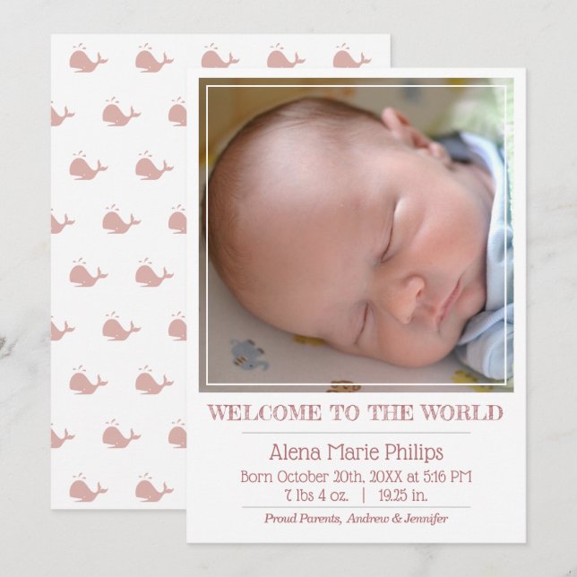 Girls Classic Square Photo Simple Birth Announcement (Front/Back)