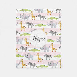 Girl's Classical Striped Safari Animals Name Kids Fleece Blanket