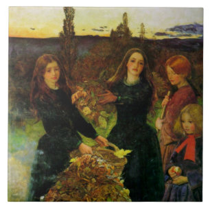 Girls Collecting Autumn Leaves for a Bonfire Ceramic Tile