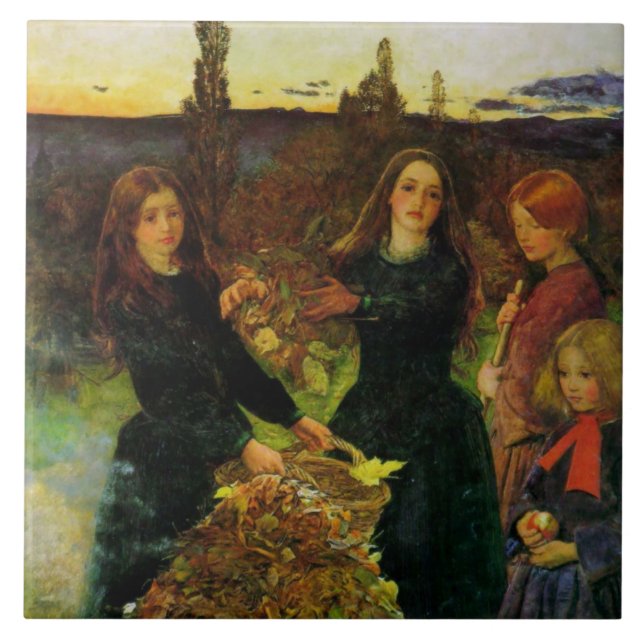 Girls Collecting Autumn Leaves for a Bonfire Ceramic Tile (Front)