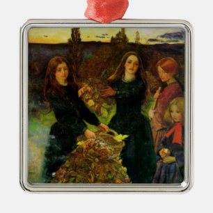 Girls Collecting Autumn Leaves for a Bonfire Metal Ornament